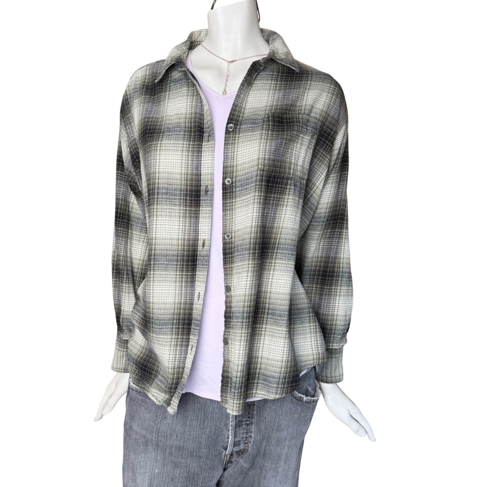 George Plaid Button Down Shirt Green Black White 100% Cotton Grunge Western‎ L